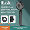 Black handheld shower head with tube and shower base