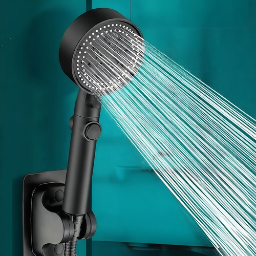 Black handheld shower head spraying water