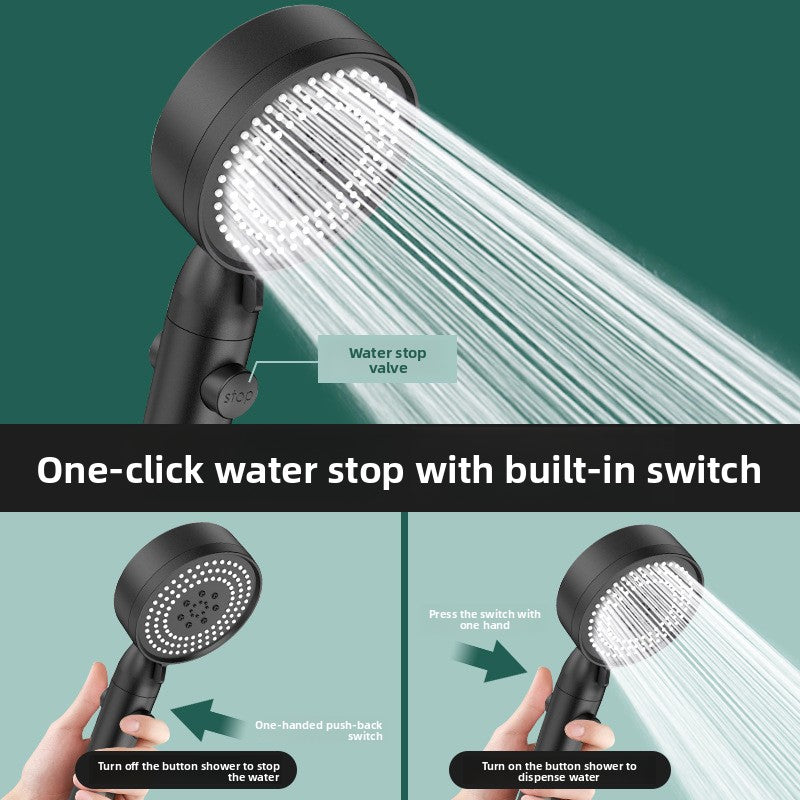 Black shower head with water flowing, showing water stop valve and switch functionality.