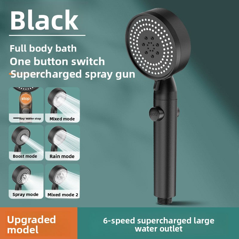 Handheld shower head with features listed on a green background