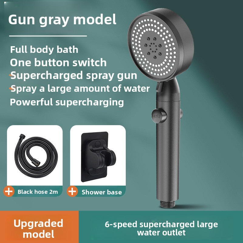 Handheld shower with features listed on a green background