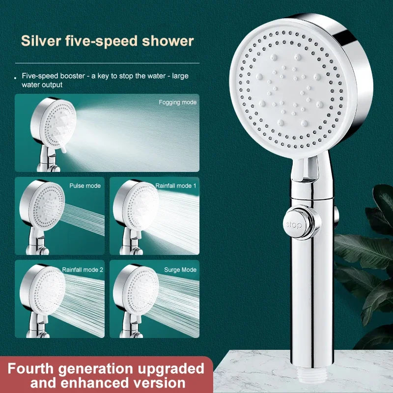 5-Mode High Pressure Shower Head Set with Water Massage & Hose - One Touch Stop - Vexxo