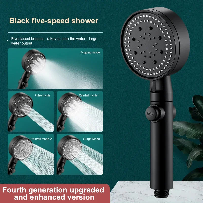 5-Mode High Pressure Shower Head Set with Water Massage & Hose - One Touch Stop - Vexxo