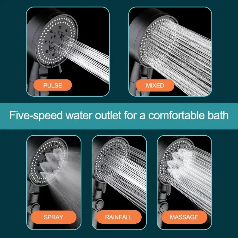 5-Mode High Pressure Shower Head Set with Water Massage & Hose - One Touch Stop - Vexxo