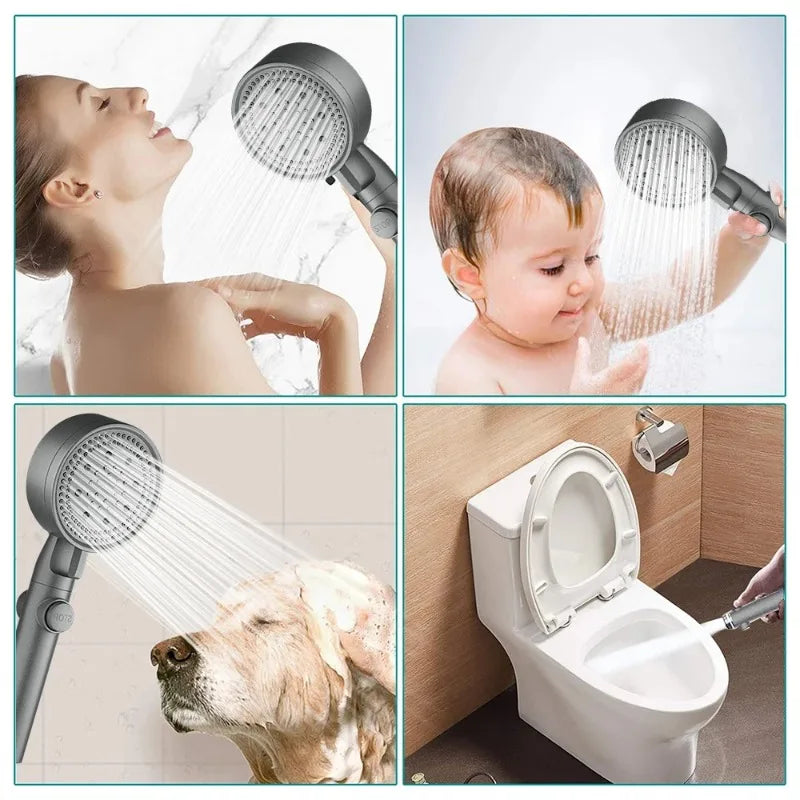 5-Mode High Pressure Shower Head Set with Water Massage & Hose - One Touch Stop - Vexxo