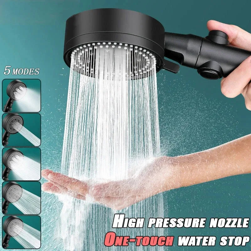 5-Mode High Pressure Shower Head Set with Water Massage & Hose - One Touch Stop - Vexxo