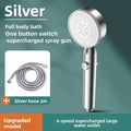 Silver handheld shower head with hose on a green background