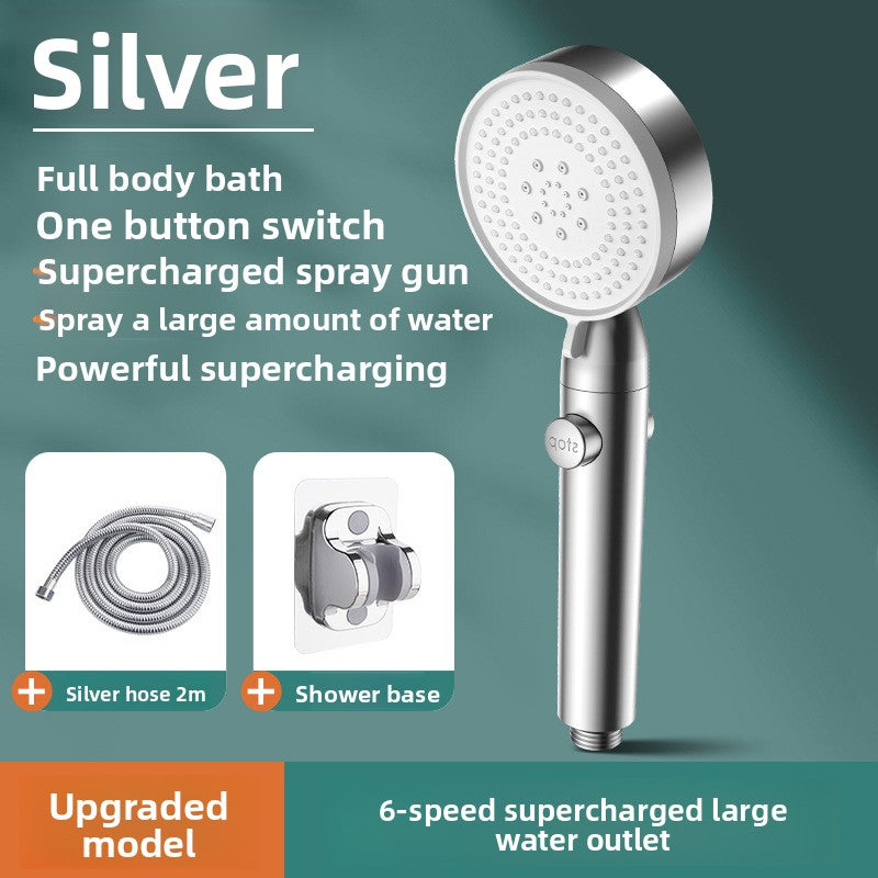 Silver shower head with features listed on a green background